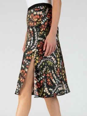 ATM Women’s Satin Floral Black Midi Skirt with Side Slit